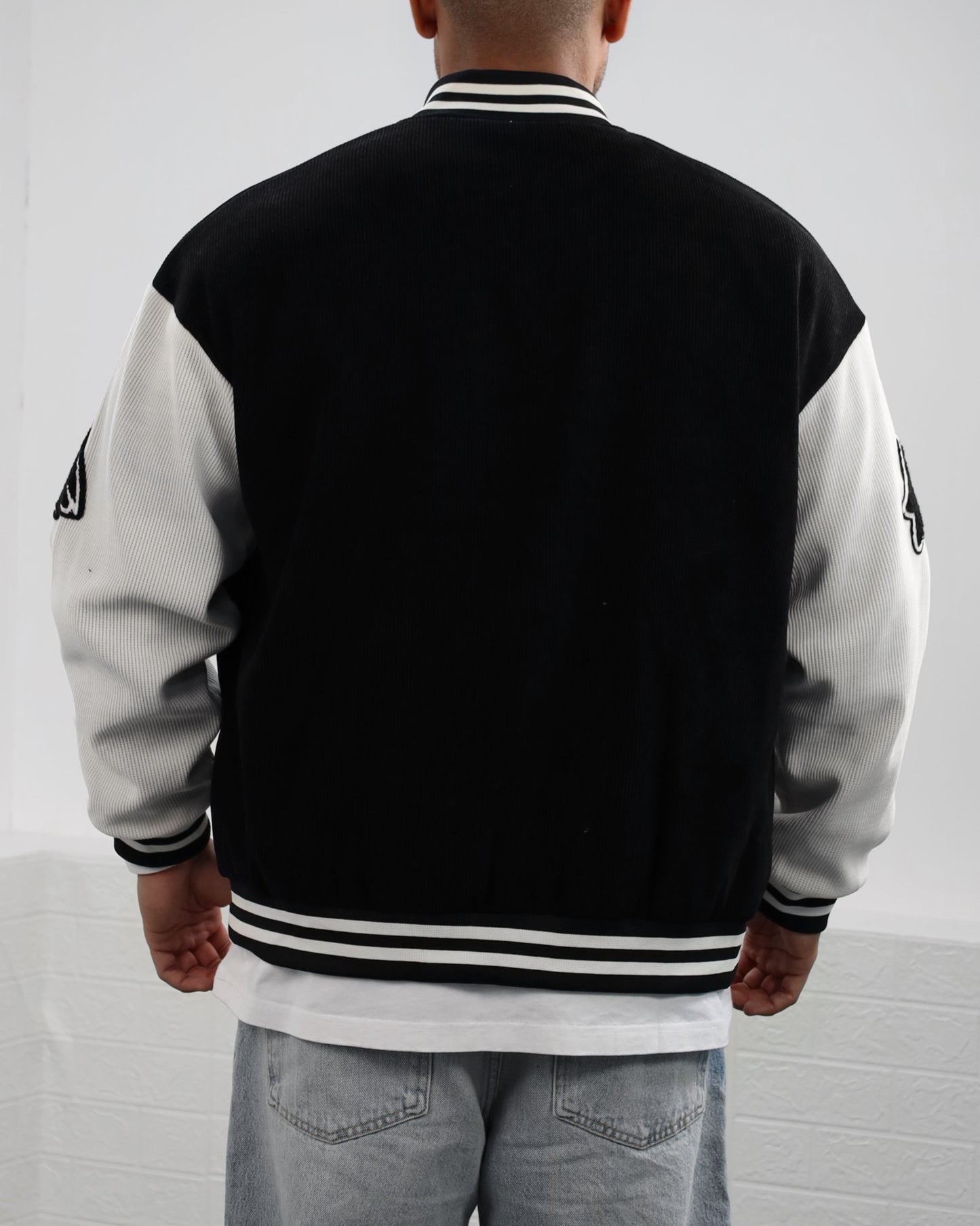 Men Letter Graphic Stripped Varsity Jacket (Black)