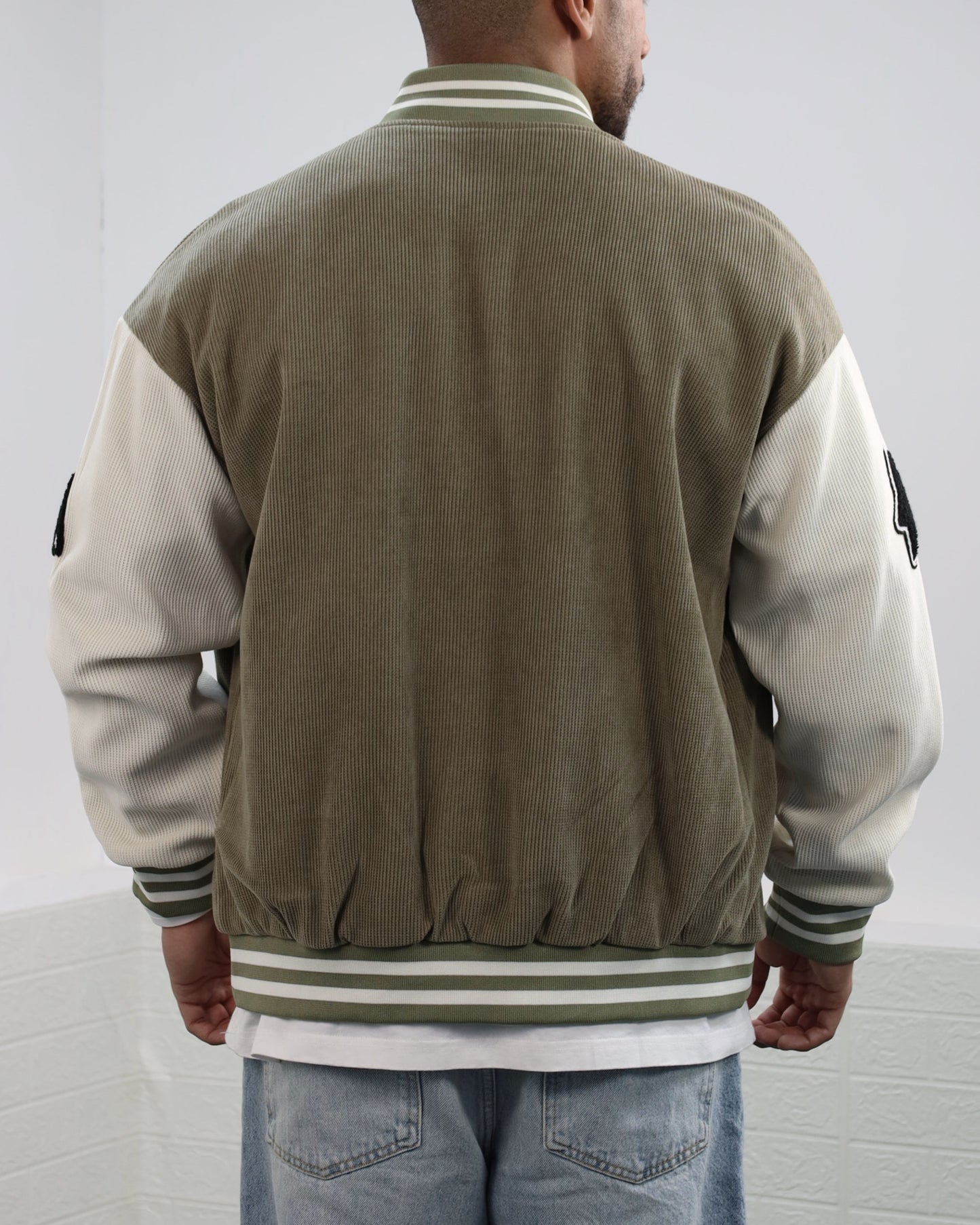 Men Letter Graphic Stripped Varsity Jacket (military green)