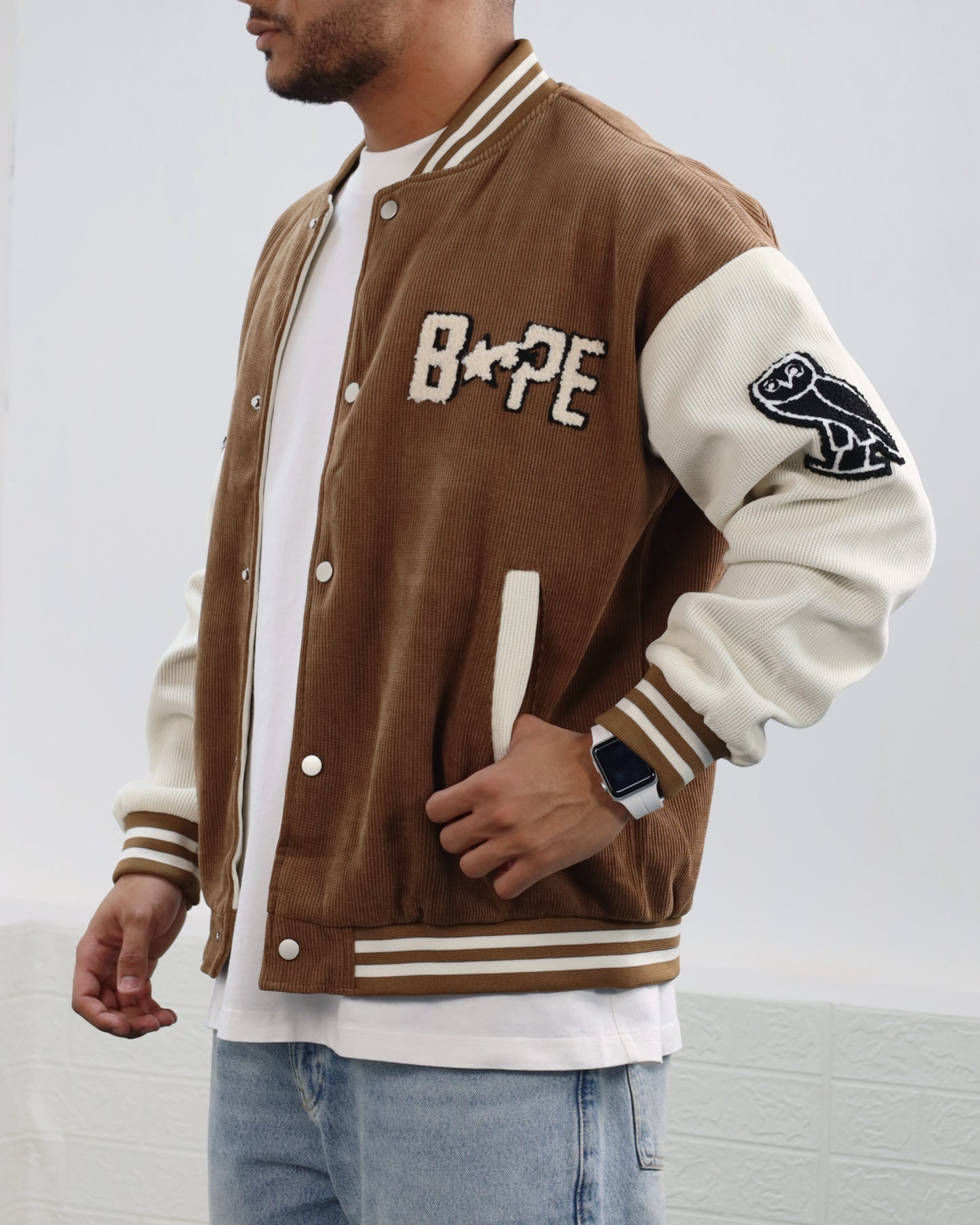 Men Letter Graphic Stripped Varsity Jacket (Brown)