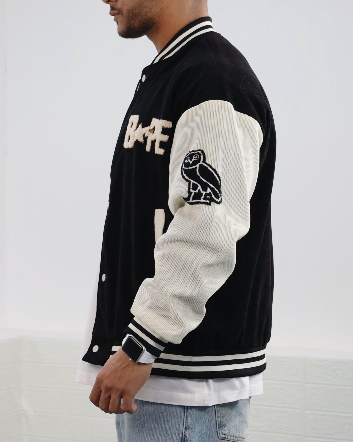 Men Letter Graphic Stripped Varsity Jacket (Black)