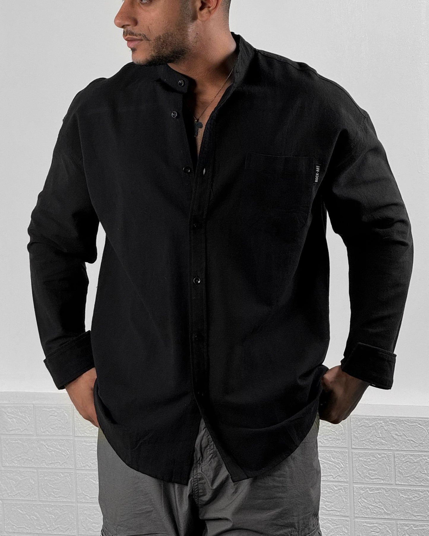 Mens Shirt Long Sleeve Stand Collar Cotton Casual Style (black)