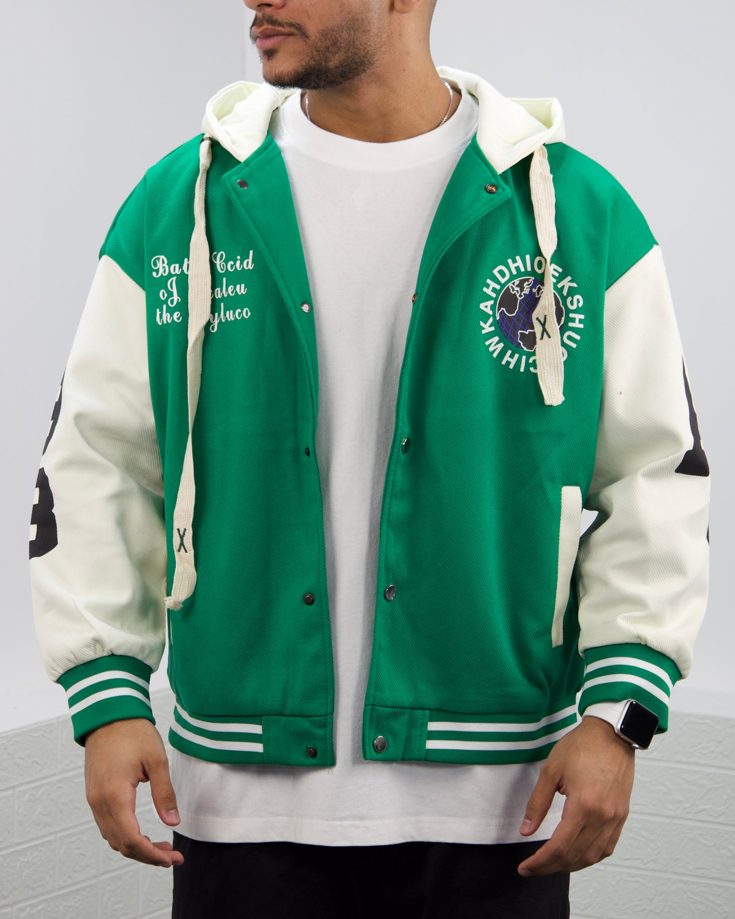 Men's Vintage Style Solid Baseball Jacket (Green)