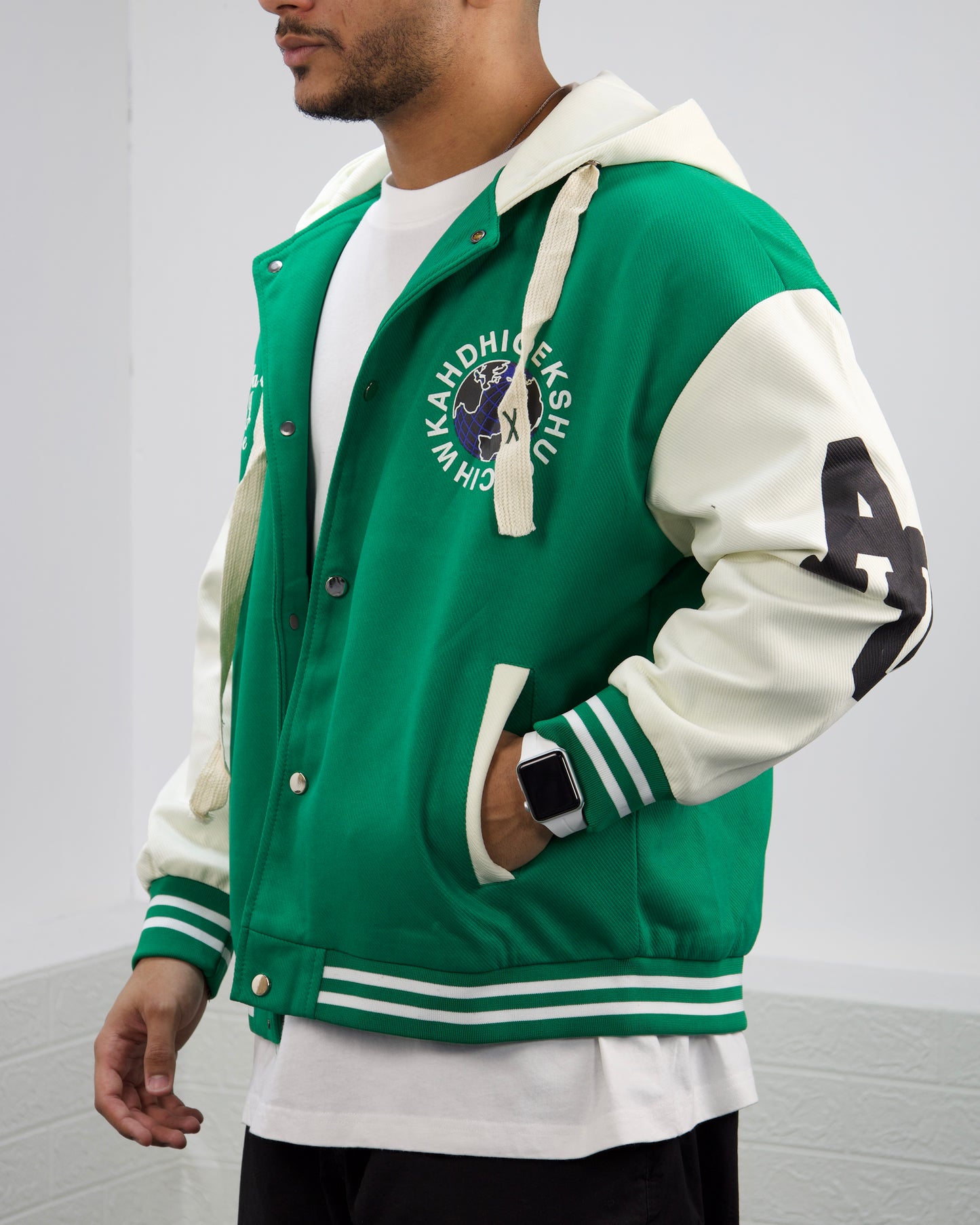 Men's Vintage Style Solid Baseball Jacket (Green)