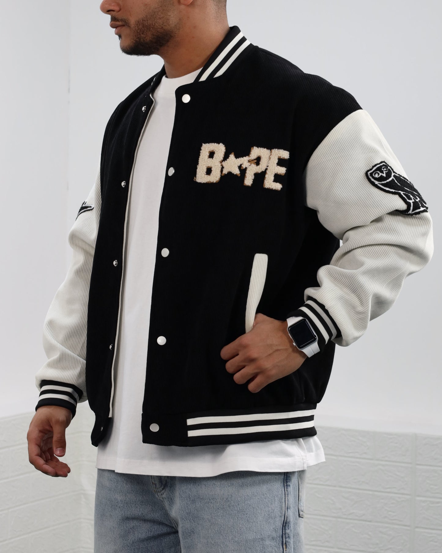 Men Letter Graphic Stripped Varsity Jacket (Black)