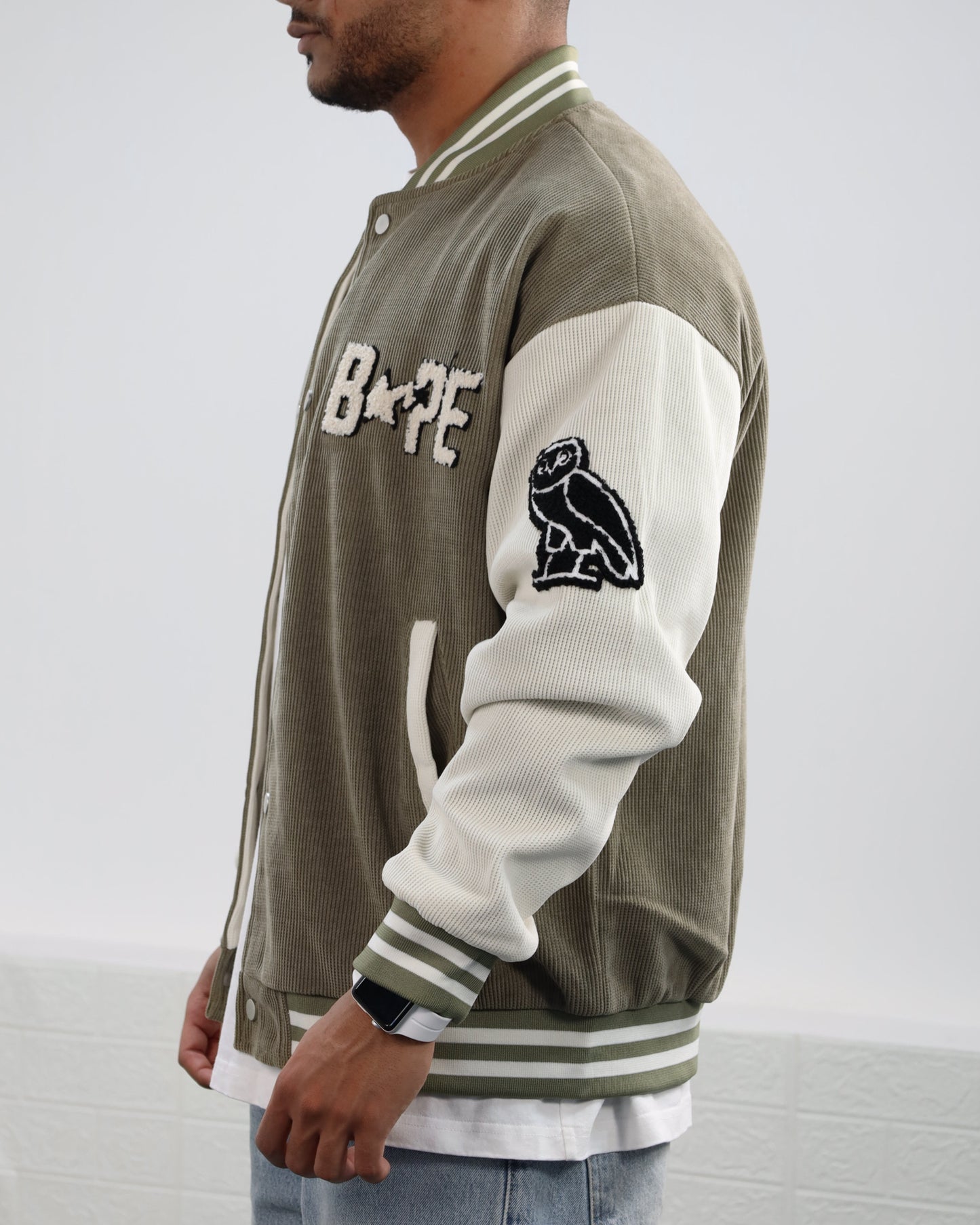 Men Letter Graphic Stripped Varsity Jacket (military green)