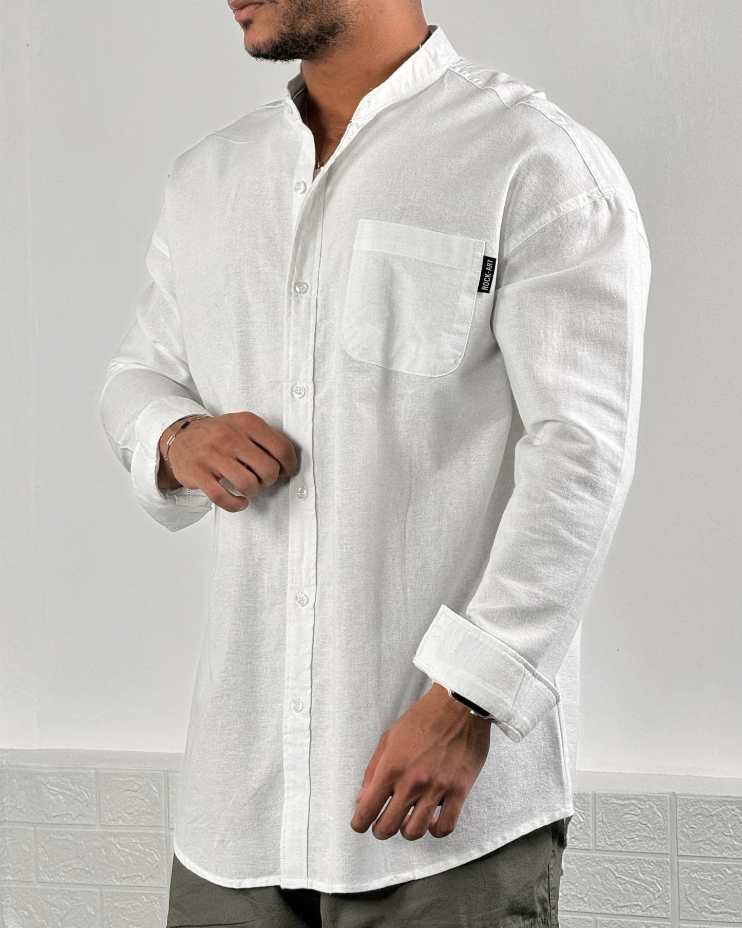 Mens Shirt Long Sleeve Stand Collar Cotton Casual Style (white)