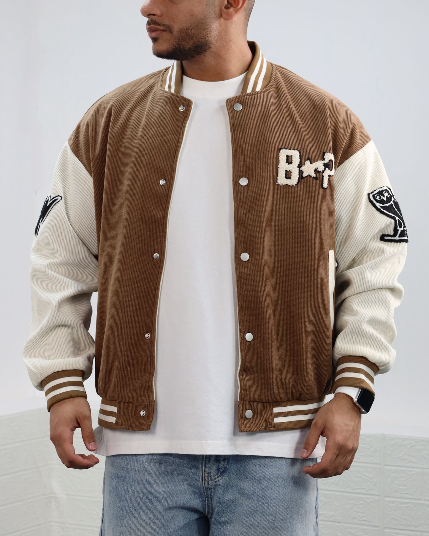 Men Letter Graphic Stripped Varsity Jacket (Brown)