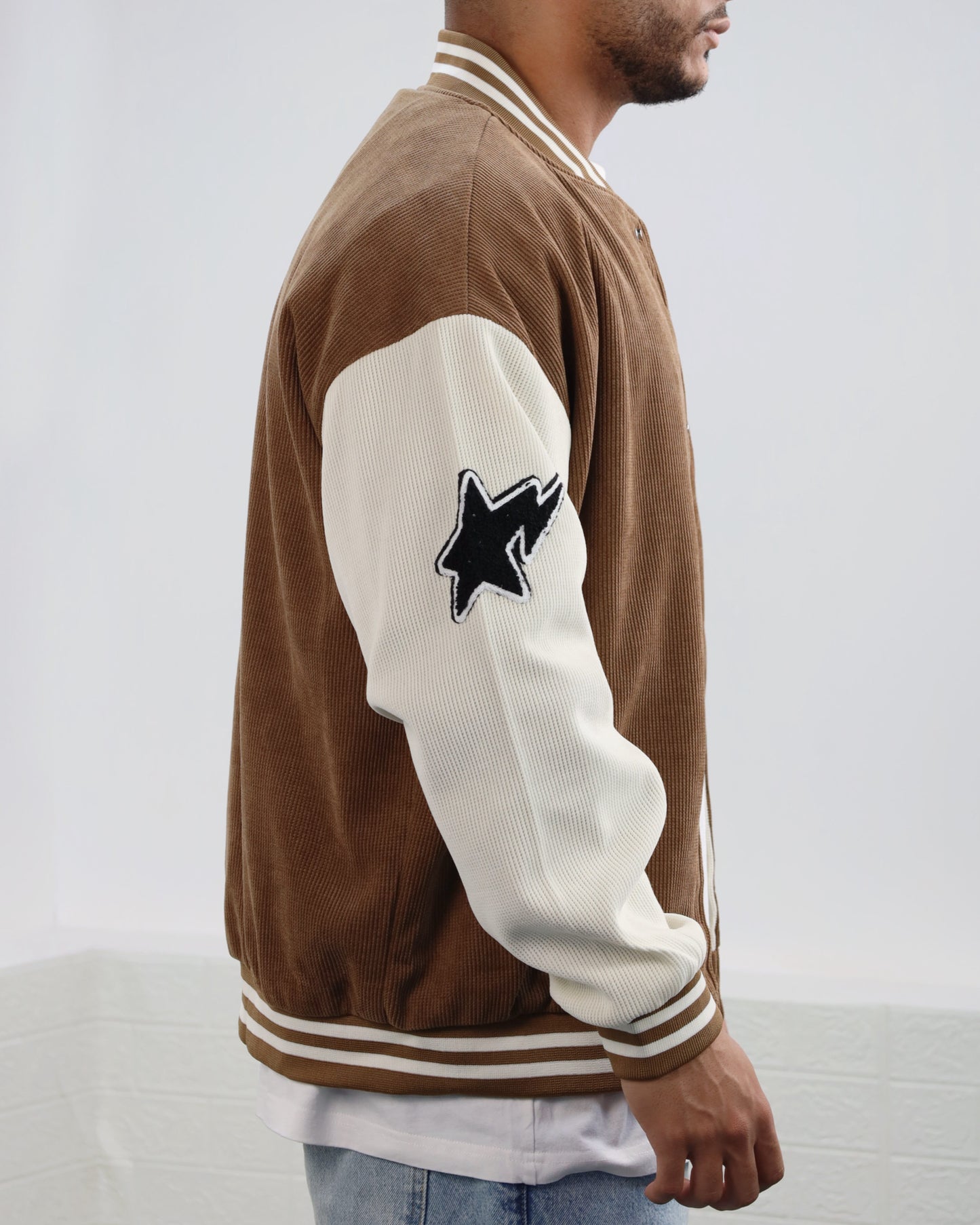 Men Letter Graphic Stripped Varsity Jacket (Brown)