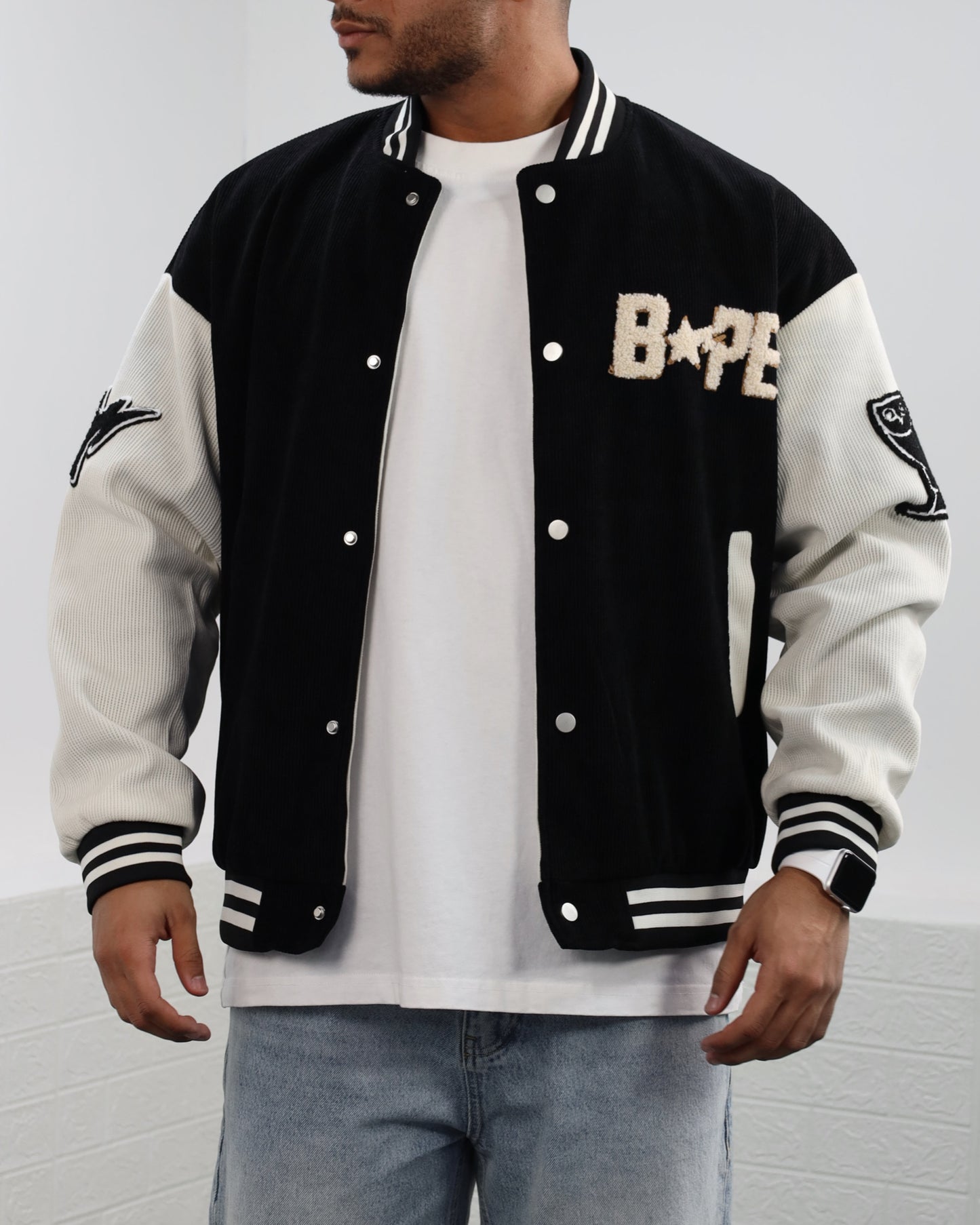 Men Letter Graphic Stripped Varsity Jacket (Black)