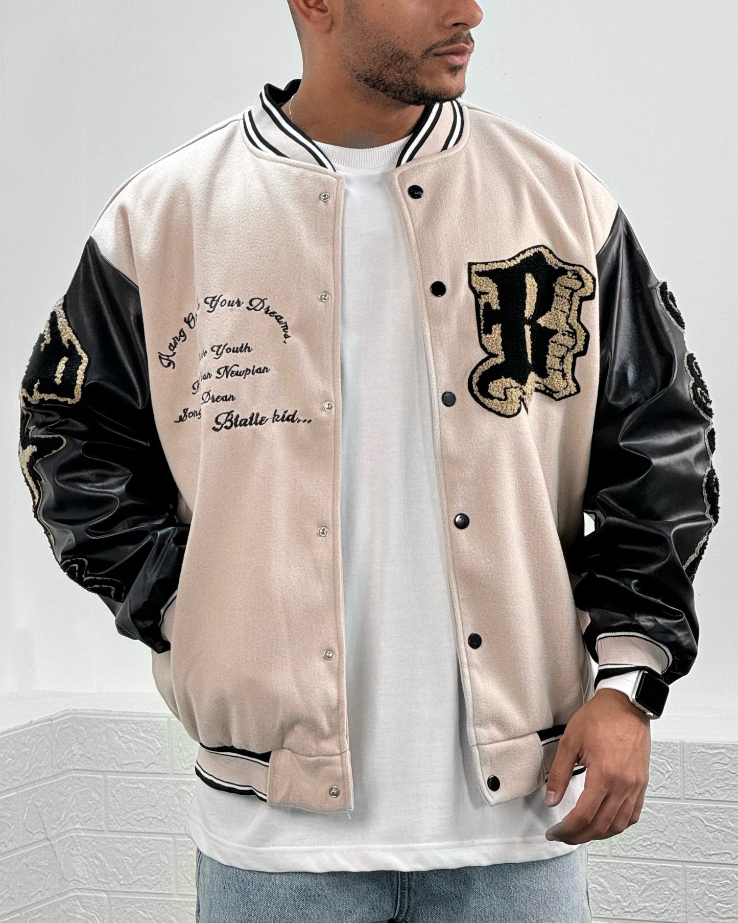 Flocked Lapel Stitching Varsity Jacket