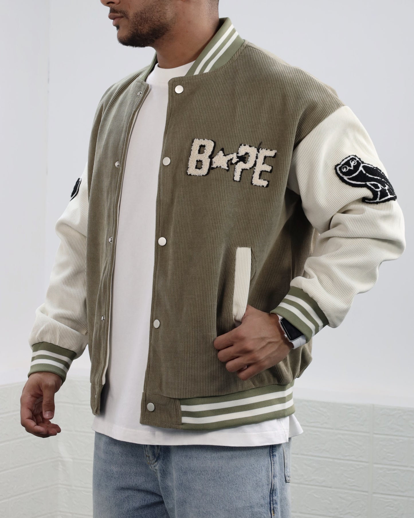 Men Letter Graphic Stripped Varsity Jacket (military green)