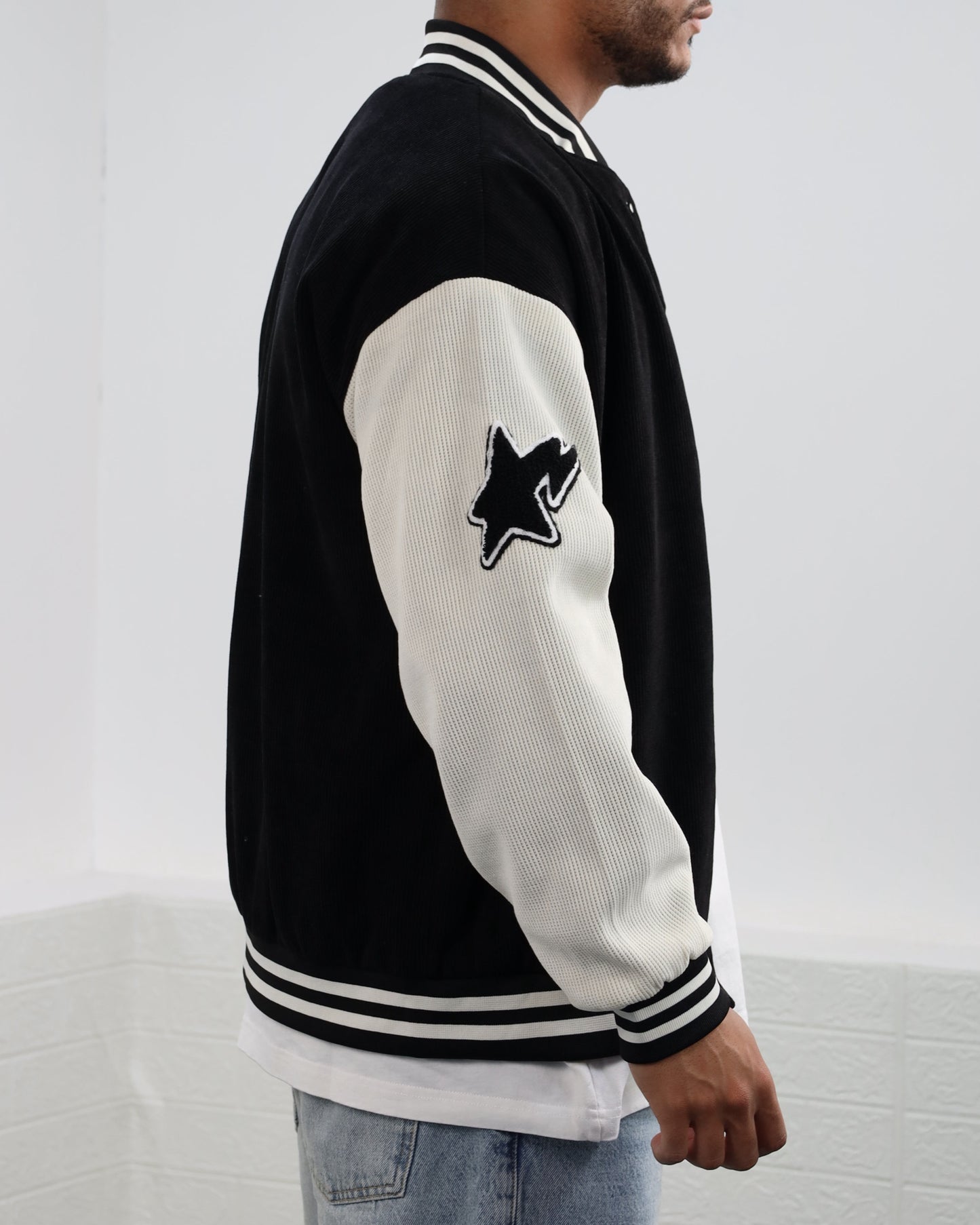 Men Letter Graphic Stripped Varsity Jacket (Black)