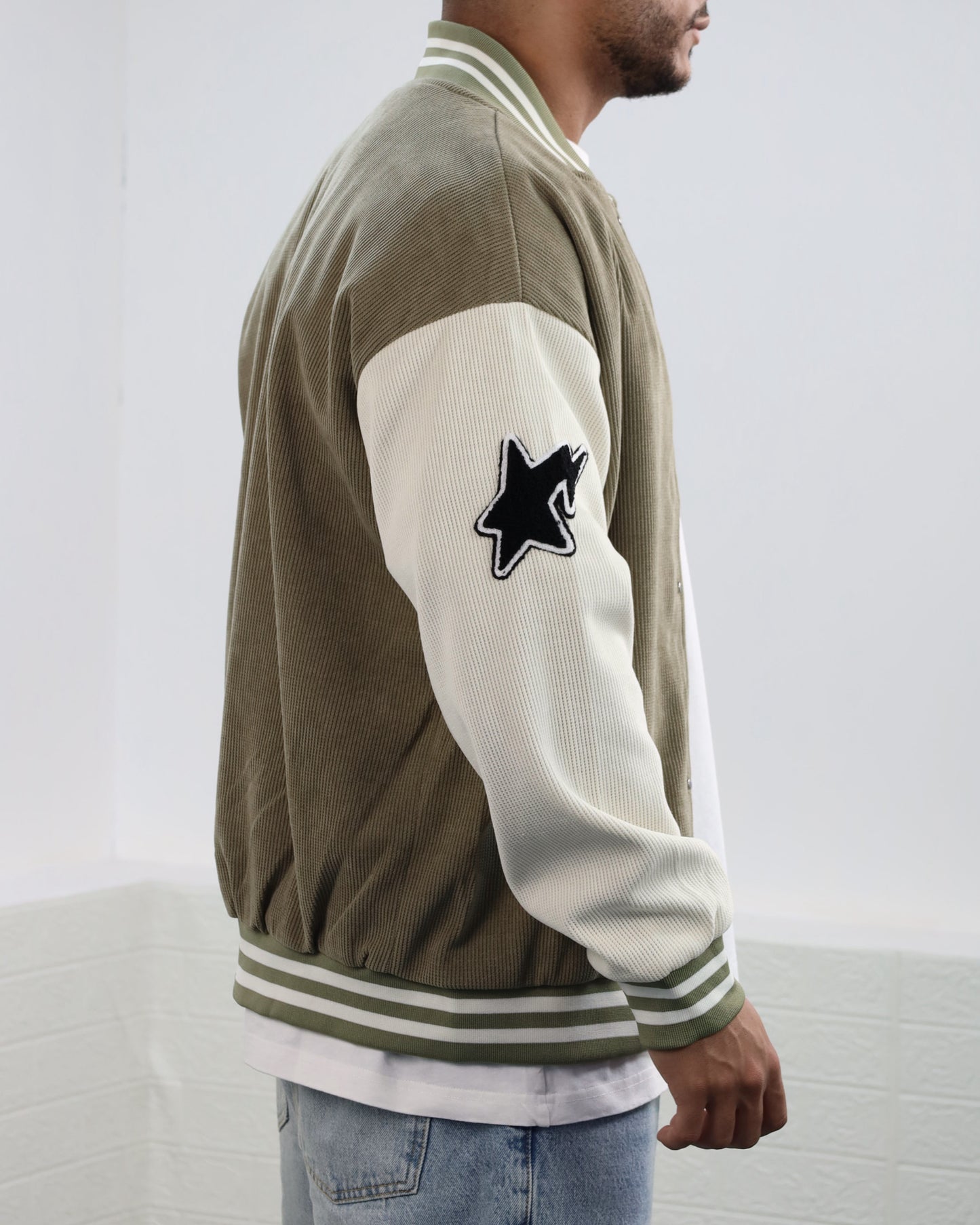 Men Letter Graphic Stripped Varsity Jacket (military green)