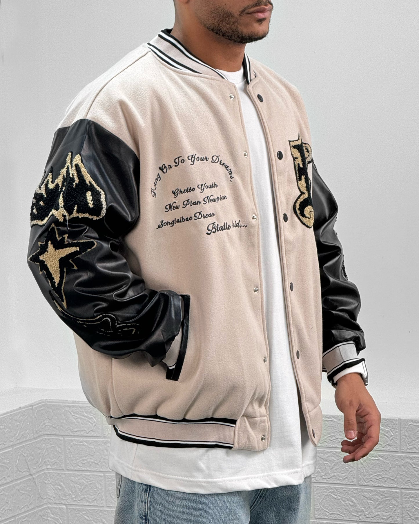 Flocked Lapel Stitching Varsity Jacket