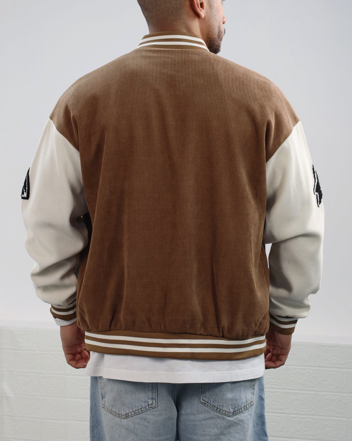 Men Letter Graphic Stripped Varsity Jacket (Brown)