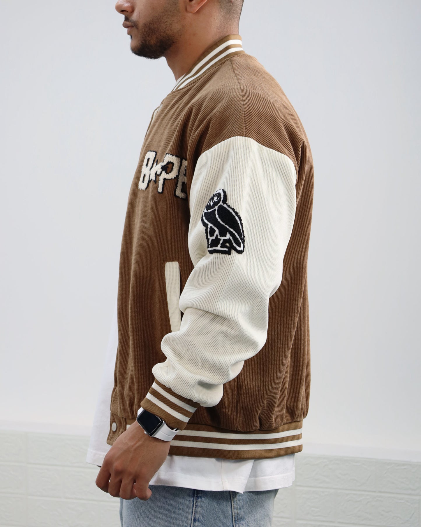 Men Letter Graphic Stripped Varsity Jacket (Brown)