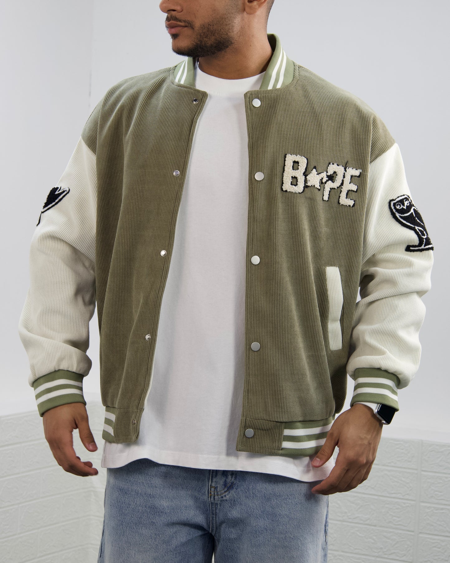 Men Letter Graphic Stripped Varsity Jacket (military green)