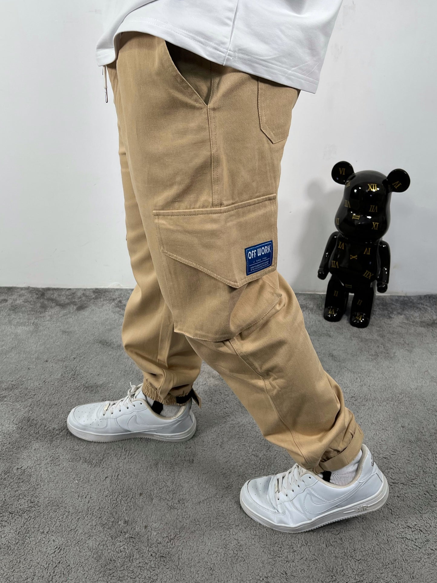 Beige Twill cargo elastic pants (P006)