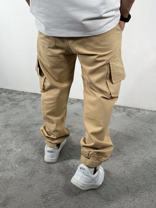 Beige Twill cargo elastic pants (P006)