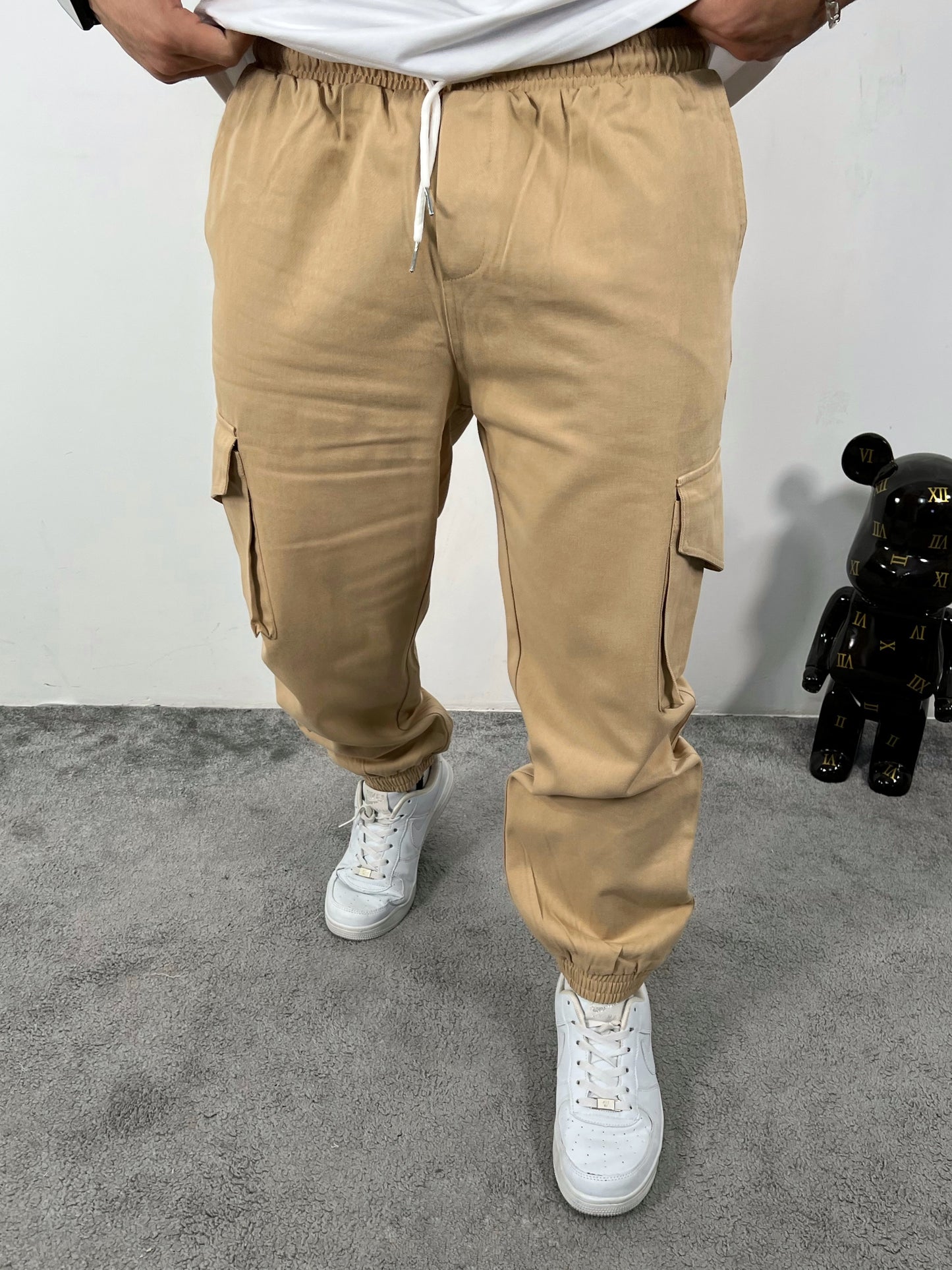 Beige Twill cargo elastic pants (P006)